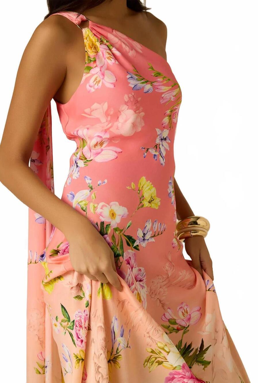 NEW HEMANT & NANDITA avya one shoulder sash dress in pink multi - Picture 4 of 10